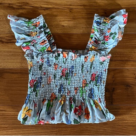 Hill House Linen Floral Ruffle Sleeve Smocked Crop Top - Picture 7 of 8